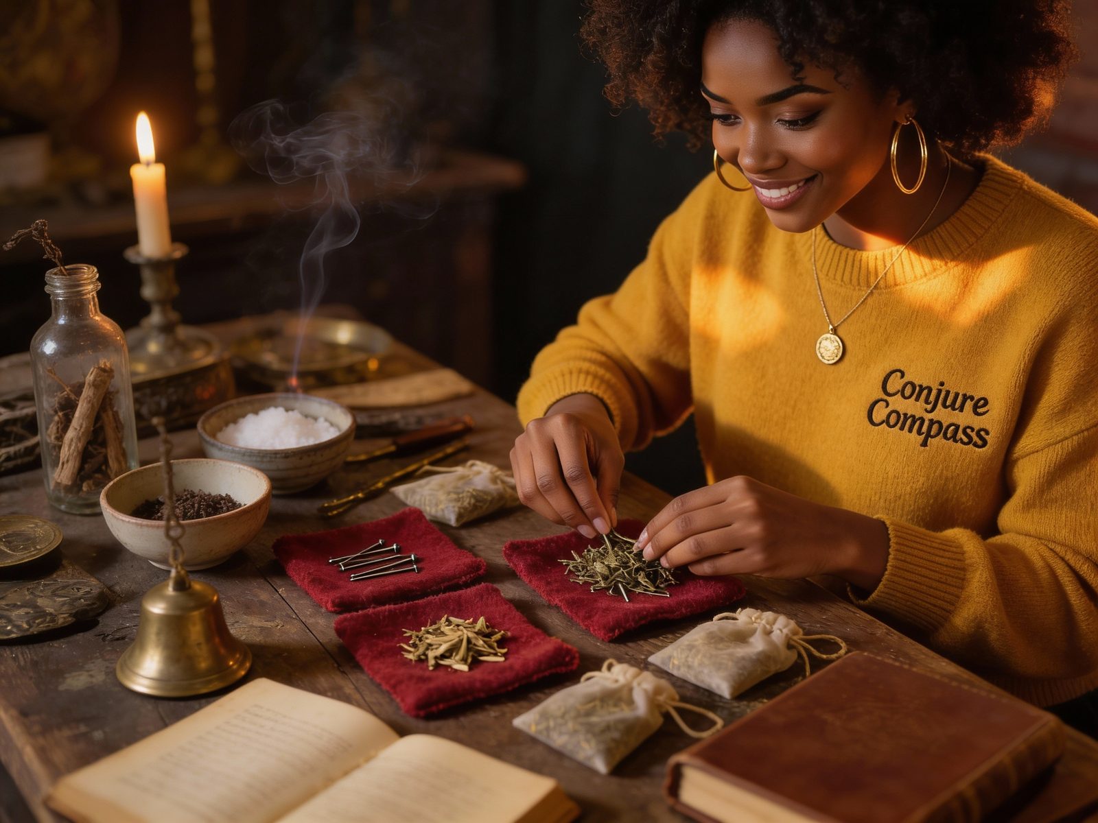 A woman laying out herbs and cloth at a working table