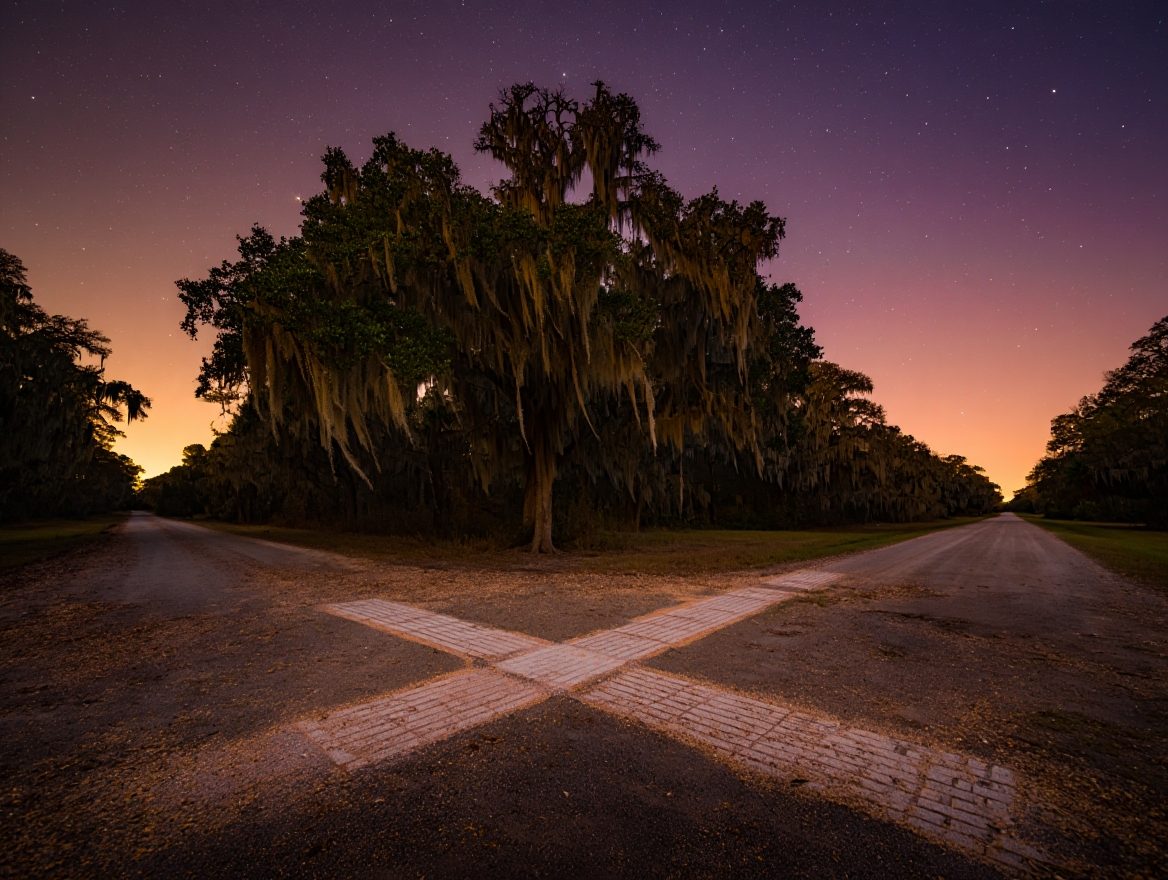 A crossroads at dusk beneath a live oak hung with Spanish moss