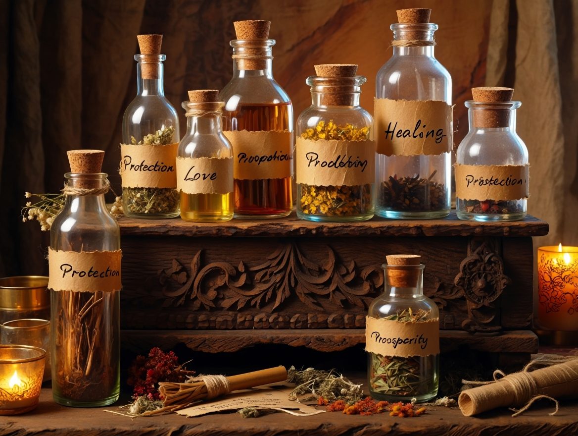 Labeled glass bottles of dressed oils on a carved wooden shelf