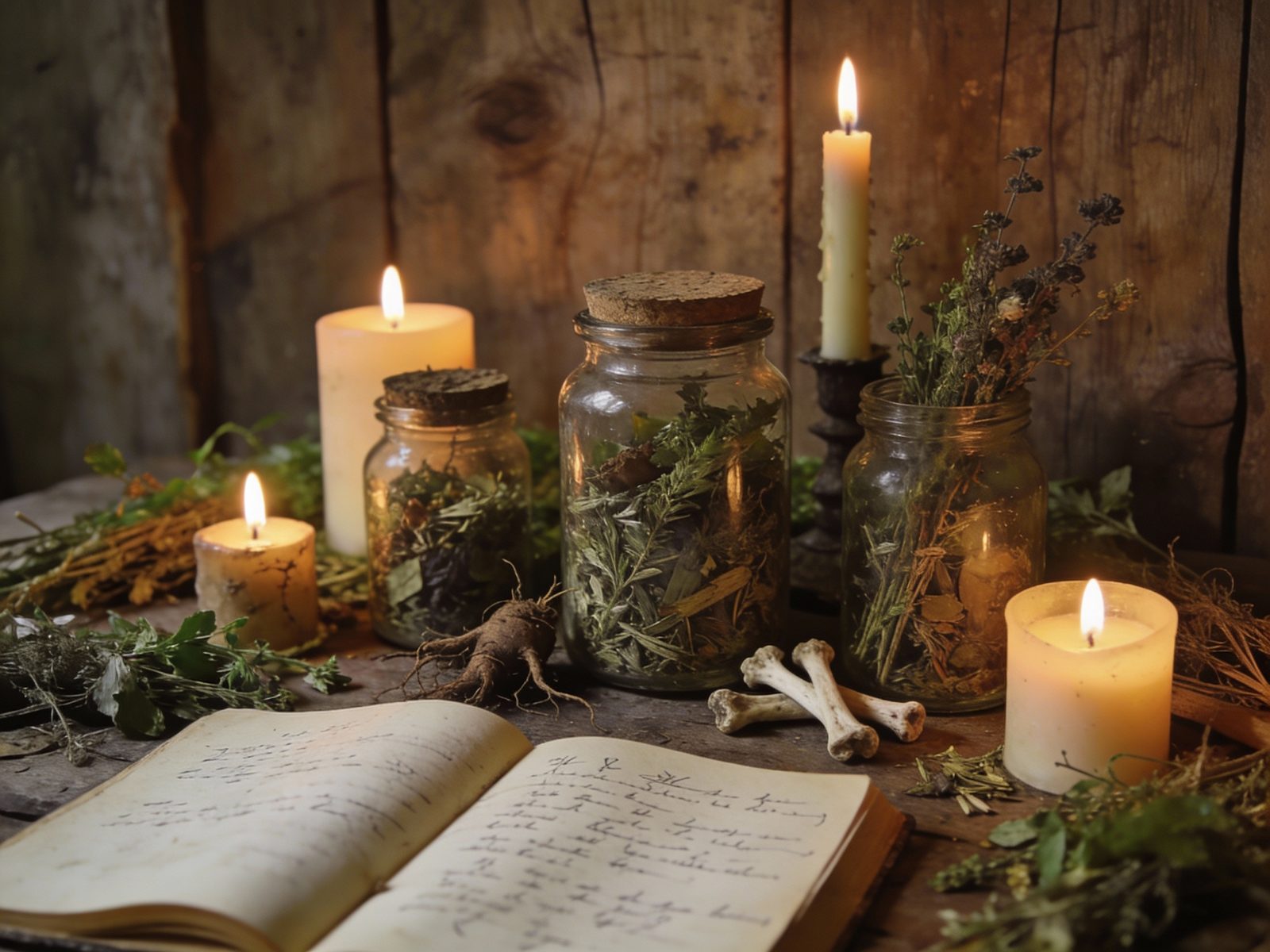 Dried herbs, candles, and a handwritten journal on a worn wooden table